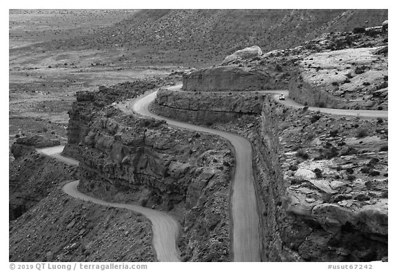 Moqui Dugway graded dirt switchback road. Bears Ears National Monument, Utah, USA (black and white)