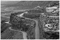 Moqui Dugway graded dirt switchback road. Bears Ears National Monument, Utah, USA ( black and white)