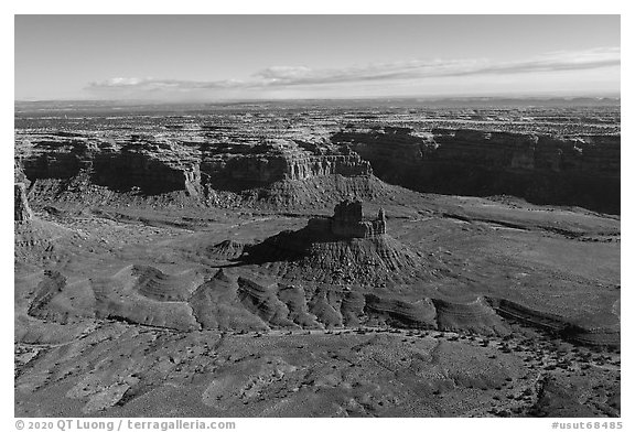 Aerial view of butte and cliffs, Valley of the Gods. Bears Ears National Monument, Utah, USA (black and white)