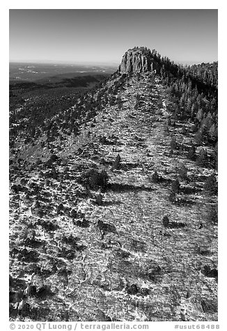 Aerial view of snowy West Bears Ears Butte. Bears Ears National Monument, Utah, USA (black and white)