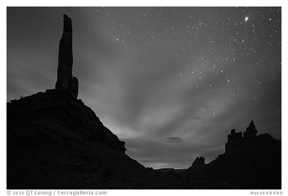 Spire silhouettes and stars, Valley of the Gods. Bears Ears National Monument, Utah, USA (black and white)