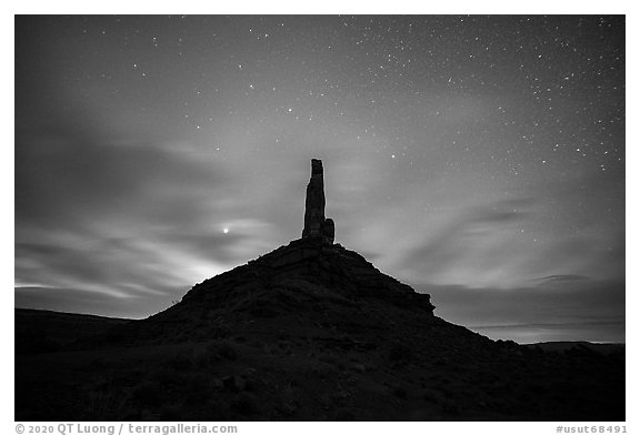 Spire and stars, Valley of the Gods. Bears Ears National Monument, Utah, USA (black and white)
