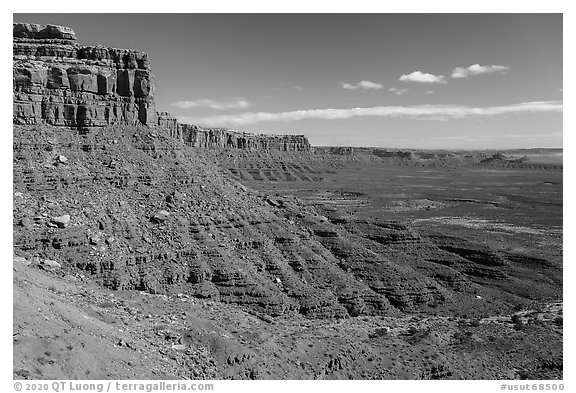 Cliffs and Valley of the Gods from Moki Dugway. Bears Ears National Monument, Utah, USA (black and white)