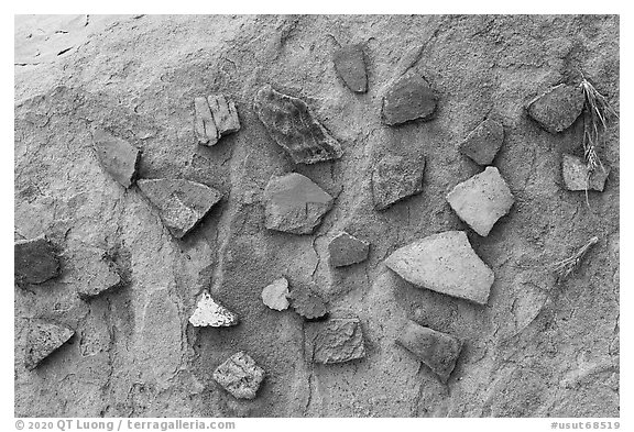 Close-up of pottery shards. Bears Ears National Monument, Utah, USA (black and white)
