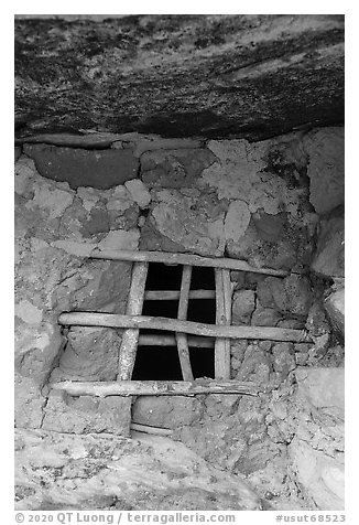 Lattice Window, Jailhouse Ruin. Bears Ears National Monument, Utah, USA (black and white)