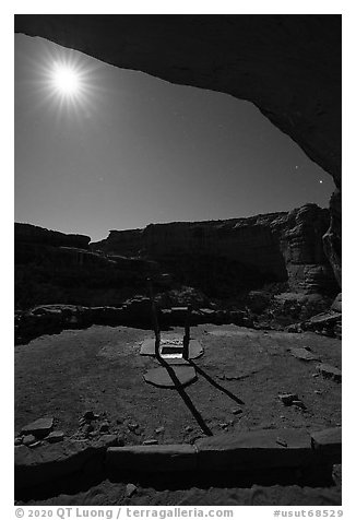 Perfect Kiva and alcove with moon at night. Bears Ears National Monument, Utah, USA (black and white)