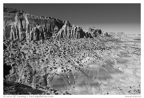 Aerial view of multicolored badlands and cliffs. Grand Staircase Escalante National Monument, Utah, USA (black and white)