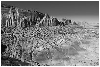 Aerial view of multicolored badlands and cliffs. Grand Staircase Escalante National Monument, Utah, USA ( black and white)