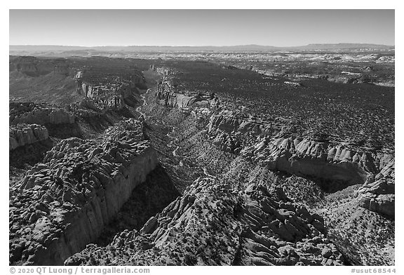 Aerial view of Long Canyon. Grand Staircase Escalante National Monument, Utah, USA (black and white)