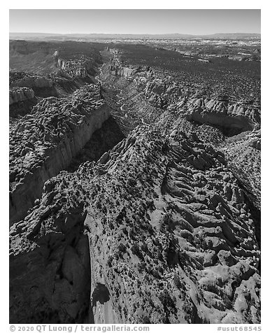 Aerial view of red cliffs and Long Canyon. Grand Staircase Escalante National Monument, Utah, USA (black and white)