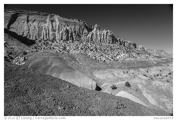 Bentonitic mudstone and sandstone cliffs, Burr Trail. Grand Staircase Escalante National Monument, Utah, USA (black and white)