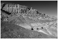 Bentonitic mudstone and sandstone cliffs, Burr Trail. Grand Staircase Escalante National Monument, Utah, USA ( black and white)