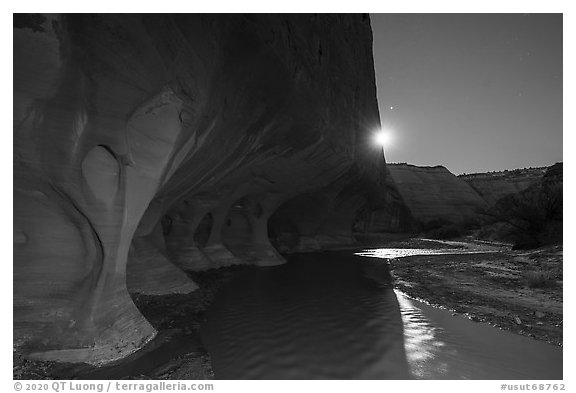 Windows of the Paria River and moon. Grand Staircase Escalante National Monument, Utah, USA (black and white)