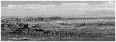 Distant view of Valley of the Gods. Bears Ears National Monument, Utah, USA (Panoramic black and white)