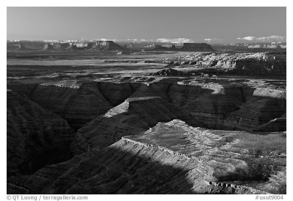 San Juan drainage from Muley Point, with Monument Valley in the background, morning. Bears Ears National Monument, Utah, USA (black and white)