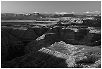 San Juan drainage from Muley Point, with Monument Valley in the background, morning. Utah, USA (black and white)