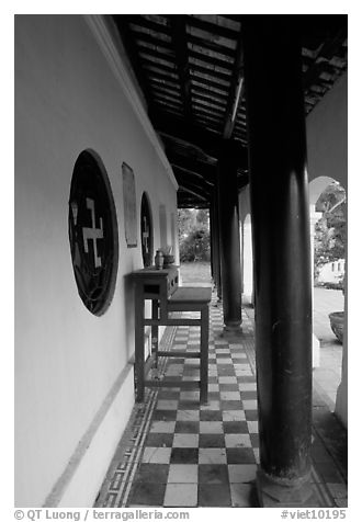 Gallery outside Giac Vien Pagoda with svastikas, district 11. Ho Chi Minh City, Vietnam (black and white)