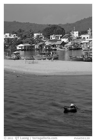 Basket boat, beach and harbor, Duong Dong. Phu Quoc Island, Vietnam (black and white)