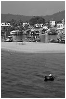 Basket boat, beach and harbor, Duong Dong. Phu Quoc Island, Vietnam (black and white)