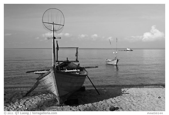 Fishing skiffs, Long Beach. Phu Quoc Island, Vietnam (black and white)