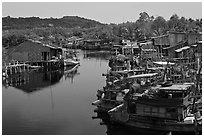 River lined up with fishing boats. Phu Quoc Island, Vietnam (black and white)