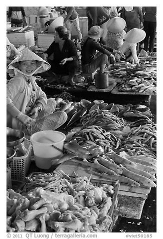 Woman selling sea food, Duong Dong. Phu Quoc Island, Vietnam (black and white)