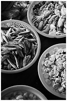 Close-up of seafood for sale in baskets, Duong Dong. Phu Quoc Island, Vietnam ( black and white)
