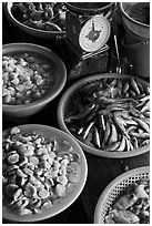 Close up of baskets of seafood and scale, Duong Dong. Phu Quoc Island, Vietnam ( black and white)