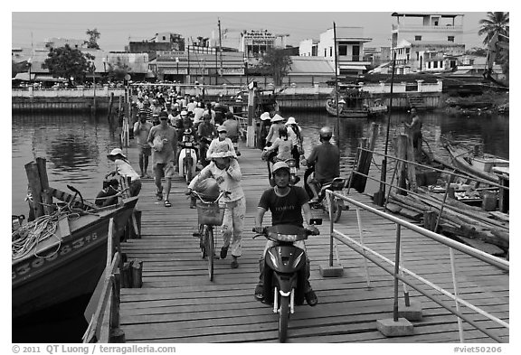 Crossing the mobile bridge over Duong Dong river, Duong Dong. Phu Quoc Island, Vietnam (black and white)