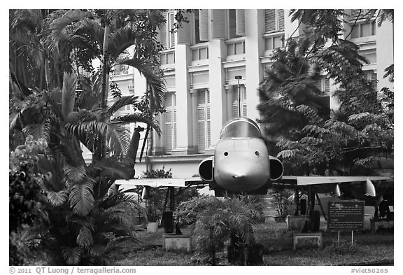 Fighter plane used by renegate South Vietnamese pilot to bomb Presidential Palace. Ho Chi Minh City, Vietnam (black and white)