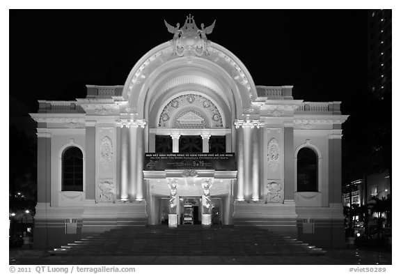 Opera House (Nha Hat Thanh Pho) at night. Ho Chi Minh City, Vietnam (black and white)