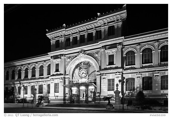 Central Post Office facade at night. Ho Chi Minh City, Vietnam (black and white)