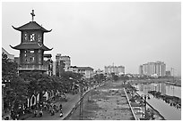 Church on the banks of the Saigon Arroyau. Cholon, Ho Chi Minh City, Vietnam ( black and white)