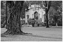 Tree, lawn, and gate, Van Hoa Park. Ho Chi Minh City, Vietnam ( black and white)