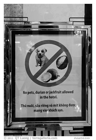 Hotel sign prohibiting smelly tropical fruits. Ho Chi Minh City, Vietnam