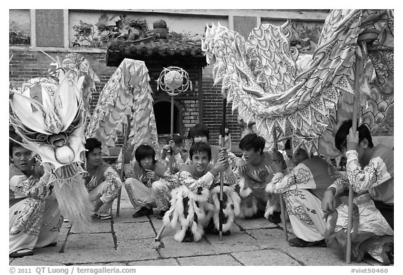 Dragon dancers at rest, Thien Hau Pagoda. Cholon, District 5, Ho Chi Minh City, Vietnam