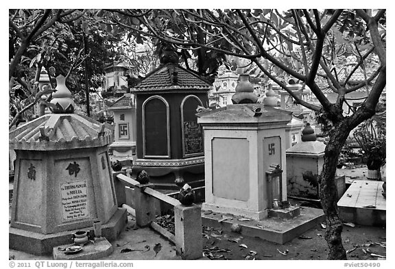 Buddhist graves, Giac Lam Pagoda, Tan Binh District. Ho Chi Minh City, Vietnam (black and white)