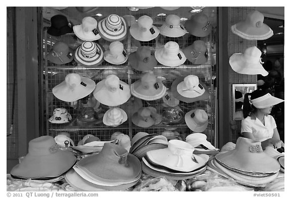 Store selling hats. Ho Chi Minh City, Vietnam (black and white)