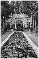 Lilly pond and temple gate, Cong Vien Van Hoa Park. Ho Chi Minh City, Vietnam (black and white)