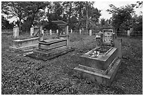 Graves in family cemetery with fresh offerings. Ben Tre, Vietnam (black and white)