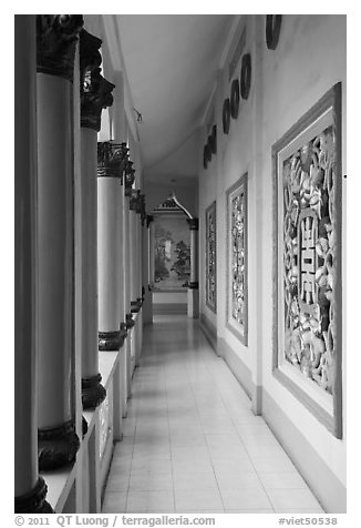 Gallery, Saigon Caodai temple, district 5. Ho Chi Minh City, Vietnam (black and white)