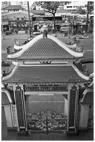 Exterior gate and street from above, Saigon Caodai temple, district 5. Ho Chi Minh City, Vietnam ( black and white)