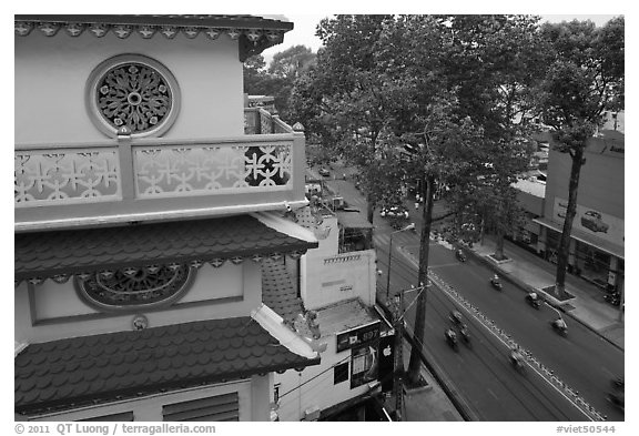 Front tower and street, Saigon Caodai temple, district 5. Ho Chi Minh City, Vietnam (black and white)