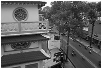 Front tower and street, Saigon Caodai temple, district 5. Ho Chi Minh City, Vietnam ( black and white)