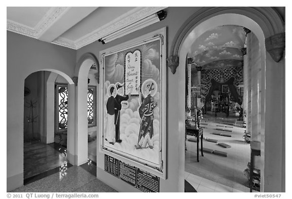 Hall with fresco feature three saints, Saigon Caodai temple, district 5. Ho Chi Minh City, Vietnam (black and white)