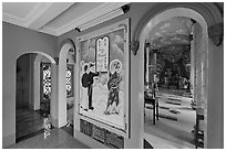 Hall with fresco feature three saints, Saigon Caodai temple, district 5. Ho Chi Minh City, Vietnam ( black and white)