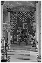 Main ceremonial room and altar Saigon Caodai temple, district 5. Ho Chi Minh City, Vietnam ( black and white)