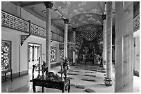 Main ceremonial room, Saigon Caodai temple, district 5. Ho Chi Minh City, Vietnam ( black and white)