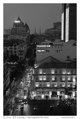 Hotel Continental, streets, and Basilica at night. Ho Chi Minh City, Vietnam (black and white)
