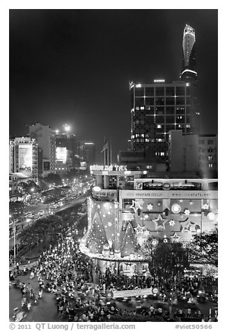 Cityscape elevated view at night with dense traffic on streets. Ho Chi Minh City, Vietnam (black and white)